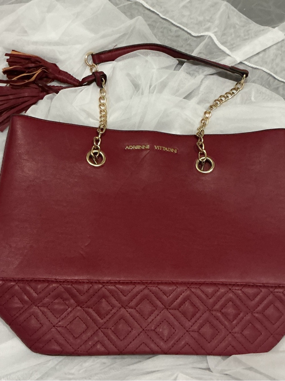 Adrienne Vittadini Burgundy Quilted Accent Tote with Gold Chain Handles